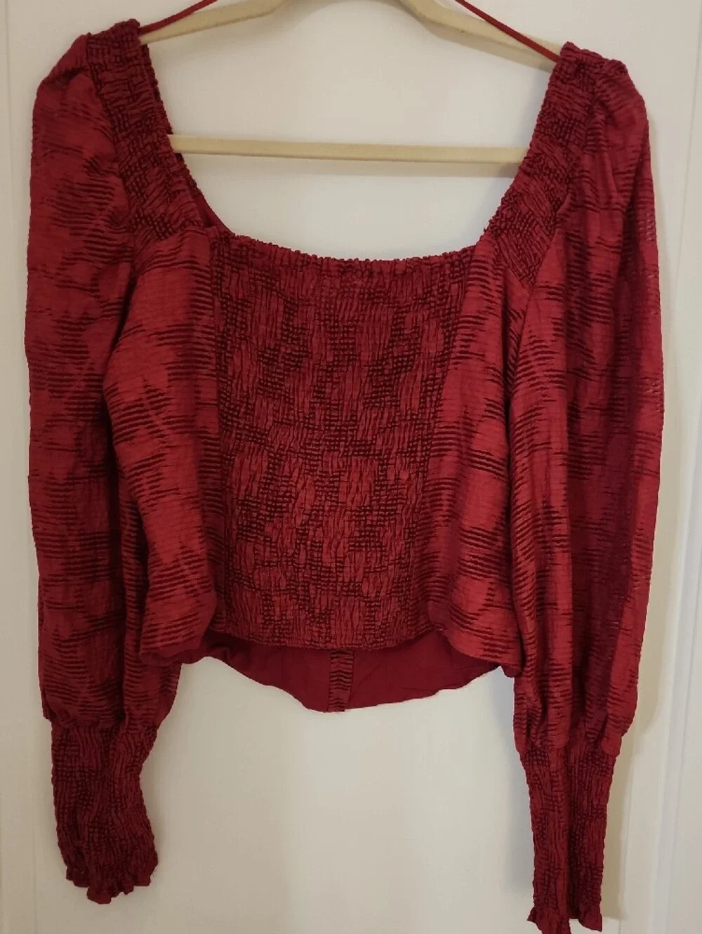 Anthropologie Burgundy Puff-Sleeve Button-Front Blouse